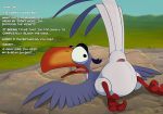  animal_genitalia avian beak bird cloaca detailed_background dialogue disney english_text exposed feathered_wings feathers feral hornbill looking_back lying male mcfan open_mouth red-billed_hornbill solo spread_legs spreading submissive submissive_male text the_lion_king wings zazu 