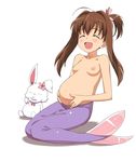  1girl :d a1 absurdres ahoge blush breasts brown_hair cosplay eyes_closed hair_ribbon highres initial-g jewelpet_(series) jewelpet_tinkle jewelpet_twinkle long_hair mermaid navel nipples open_mouth pregnant ribbon ruby_(jewelpet) sakura_akari side_ponytail simple_background sitting small_breasts smile toothpick topless white_background 