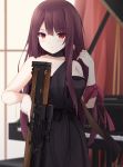 1girl arm_ribbon bangs bare_arms bare_shoulders black_dress blurry blurry_background blush breasts brown_hair brown_ribbon bullpup closed_mouth collarbone commentary_request curtains depth_of_field dress eyebrows_visible_through_hair fingernails girls_frontline gun hair_between_eyes hand_up highres holding holding_gun holding_weapon instrument jewelry keenh long_hair looking_at_viewer medium_breasts object_namesake piano piano_bench red_eyes ribbon rifle ring scope signature sniper_rifle solo strapless strapless_dress trigger_discipline very_long_hair wa2000_(girls_frontline) walther walther_wa_2000 weapon window 