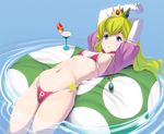  arms_up bikini blonde_hair blue_eyes breasts cowboy_shot crown elbow_gloves flat_chest gloves long_hair lying mario_(series) masao navel on_back partially_submerged princess_peach small_breasts solo super_mario_bros. swimsuit water white_gloves 