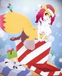  &lt;3 2018 anthro areola big_breasts black_fur braixen breasts christmas christmas_present cleavage clothed clothing dipstick_tail eyebrows fan_character female fur hat hi_res holidays inner_ear_fluff legwear looking_at_viewer mane mostly_nude multicolored_tail nintendo nipples pok&eacute;mon pok&eacute;mon_(species) red_eyes red_fur red_nose ribbons santa_hat seraphine_(roflfox) smile solo stick sukebepanda thigh_highs topless video_games white_fur yellow_fur 