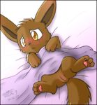  blush cub eevee eeveelution female feral hindpaw lying nintendo nude on_back paws pok&#233;mon pok&eacute;mon pussy route9 shy solo spread_legs spreading video_games young 