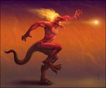  4_toes abstract_background amber_eyes anthro claws demon digitigrade fangs fire fire_hair fireball hairless hindpaw long_tongue male monster nude on_one_leg open_mouth paws pose red_body red_scales red_skin salamander scalie side_view solo spikes standing teeth toes tongue tongue_out warm_colors zen 