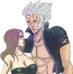  1boy 1girl bare_shoulders breasts brown_hair cleavage elfman evergreen evergreen_(fairy_tail) fairy_tail glasses grayinblack grey_eyes grey_hair jacket long_hair short_hair torn_clothes 