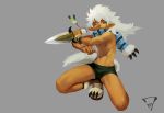  2016 5_fingers clothing crouching dagger fighting_stance footwear front_view grey_background hair holding_object holding_weapon humanoid kiske_7key male melee_weapon muscular muscular_male navel nipples pointy_ears scarf shoes signature simple_background smile underwear weapon white_hair young 