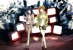  alternate_hair_length alternate_hairstyle belt blue_eyes blue_hair brown_eyes brown_hair dress_shirt eating food formal hand_in_pocket infinote jacket kebab long_hair meat multiple_girls necktie older persona persona_4 persona_x_detective satonaka_chie shirogane_naoto shirt short_hair skirt suit television 