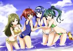  ass bikini blue_eyes blue_hair blush breasts brown_eyes brown_hair cleavage futaba_aoi_(vividred_operation) green_eyes green_hair hairband isshiki_akane long_hair looking_at_viewer looking_back medium_breasts midriff multiple_girls navel one-piece_swimsuit open_mouth otter ponytail red_hair red_liquid_(artist) saegusa_wakaba school_swimsuit shinomiya_himawari shiny shiny_skin short_hair small_breasts smile swimsuit twintails uso-kun vividred_operation wading wardrobe_malfunction water 