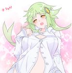  1girl blush breasts final_fantasy green_hair open_mouth personification shinzui_(fantasysky7) shirt solo tonberry yellow_eyes 