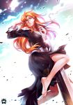  barefoot bleach e-x-p-i-e inoue_orihime long_hair orange_hair shinigami sword weapon 