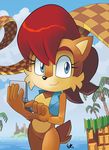  blue_eyes bottomless chipmunk clothed clothing female hair half-dressed handheld looking_at_viewer mammal mikuhoshi red_hair rodent sally_acorn sega smile solo sonic_(series) squirrel 