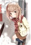  blush brown_eyes brown_hair jacket kinugasa_yuuichi original scarf school_uniform short_hair skirt smile snow solo 
