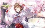  amatsume_akira brown_eyes brown_hair cherry_blossoms chihaya_(clothing) flower hair_ornament hairpin highres japanese_clothes miko petals ribbon-trimmed_sleeves ribbon_trim short_hair solo wallpaper yosuga_no_sora yuugen 