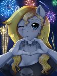  &lt;3 2018 anthro blonde_hair blue_eyes breasts cleavage clothed clothing equine evo_(oc) evomanaphy fan_character female fireworks hair heart_hands horse looking_at_viewer mammal my_little_pony night one_eye_closed pony smile solo star wink 