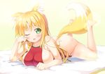  animal_ears apron ass bare_shoulders barefoot blonde_hair blush bottomless breasts collarbone dog_days fox_ears fox_tail full_body green_eyes ichi_makoto large_breasts long_hair looking_at_viewer lying naked_apron no_panties on_stomach one_eye_closed open_mouth rubbing_eyes saliva sideboob solo sweat tail tears yukikaze_panettone 