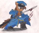  anthro blood brown_eyes brown_fur brown_hair equine friendship_is_magic fur hair hat horse lunar_republic male mammal my_little_pony plain_background pony rayfriedh solo sword traditional traditional_media uniform weapon 