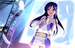  belt blue_hair brown_eyes feathers idolmaster idolmaster_(classic) kisaragi_chihaya long_hair microphone midriff mycstea navel open_mouth solo 