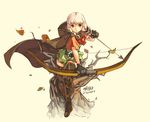  1girl arrow belt boots bow_(weapon) braid brown_background brown_eyes cape capelet dated dragon&#039;s_crown dragon&#39;s_crown dragon&#x27;s_crown dragon's_crown dress elf elf_(dragon&#039;s_crown) elf_(dragon&#39;s_crown) elf_(dragon&#x27;s_crown) elf_(dragon's_crown) gloves hood hood_down junkpuyo leaf long_hair open_mouth pointy_ears shorts simple_background solo standing thigh_boots thighhighs tree_stump tunic twin_braids vanillaware weapon white_hair zettai_ryouiki 