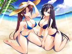  2girls absurdres aneimo barefoot beach bikini black_hair blue_eyes breast_press breast_squeeze breasts cleavage duplicate erect_nipples feet hat highres kirishima_mizuki large_breasts long_hair multiple_girls ocean ponytail purple_eyes purple_hair scan shinonome_kasuhiko shinonome_kazuhiko shirakawa_saori side-tie_bikini sitting smile soles straw_hat swimsuit toes very_long_hair wariza water 