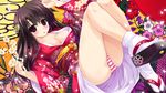  black_hair blush clochette game_cg japanese_clothes kugayama_konoka long_hair no_bra panties petals prism_recollection shintaro striped_panties underwear yukata 