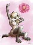  4_toes blonde_hair breasts claws digitigrade eyes_closed female ferret flower hair hindpaw mammal mustelid nipples nude pawpads paws plain_background pussy sitting small_breasts soles solo stretching toes unimpressive 