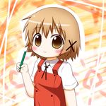  1231_66 1girl aoba_(kona) blush brown_eyes brown_hair chibi hidamari_sketch looking_at_viewer overalls pencil short_hair short_sleeves smile solo young younger yuno 