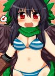  bad_id bad_pixiv_id black_hair blush bow bra breasts hair_bow heart highres long_hair medium_breasts motsu_(selshia12) musical_note open_mouth panties red_eyes reiuji_utsuho scarf solo striped touhou underwear underwear_only wings 