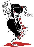  ashley_ann_swaby bare_shoulders detached_sleeves full_body hair_over_one_eye holding holding_sign leviathan_(skullgirls) long_hair monochrome red_eyes side_ponytail sign sitting skull skullgirls smile solo squigly_(skullgirls) stitched_mouth stitches zombie 