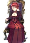  argyle breasts choker cleavage dress fake_horns large_breasts long_hair maou_(maoyuu) maoyuu_maou_yuusha md5_mismatch red_dress red_eyes red_hair sitting smile solo throne umeboshitora white_background 