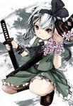  flower hair_ribbon hairband highres katana khaki kneeling konpaku_youmu red_eyes ribbon short_hair silver_hair skirt sword touhou weapon 