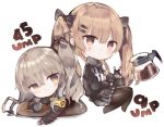  2girls armband bangs black_gloves black_skirt blush brown_eyes brown_jacket brown_legwear character_name chibi closed_mouth coffee coffee_mug commentary_request cup eyebrows_visible_through_hair fingerless_gloves girls_frontline gloves hair_between_eyes holding holding_cup jacket kotatu_(akaki01aoki00) light_brown_hair long_hair looking_at_viewer mug multiple_girls no_shoes one_side_up open_clothes open_jacket pantyhose pleated_skirt scar scar_across_eye shirt simple_background skirt smile twintails ump45_(girls_frontline) ump9_(girls_frontline) v very_long_hair white_background white_shirt 