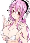  bad_id bad_pixiv_id bare_shoulders bikini bikini_lift breasts cleavage front-tie_top headphones large_breasts lifted_by_self long_hair looking_at_viewer matsuryuu nitroplus pink_hair red_eyes simple_background solo super_sonico swimsuit white_background 