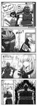  1girl 2boys 4koma ? absurdres adapted_costume akali armor ass bad_id bad_pixiv_id belt breasts cape character_name collarbone comic english face_mask fingerless_gloves fire forehead_protector gameplay_mechanics gloves greyscale headwear_removed helmet helmet_removed highres league_of_legends long_hair mask medium_breasts monochrome multiple_boys musical_note ninja oldlim pauldrons ponytail shen vambraces zed_(league_of_legends) 