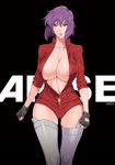  areolae breasts cleavage coat curvy fei_(maidoll) fingerless_gloves ghost_in_the_shell ghost_in_the_shell_arise gloves grey_legwear highres huge_breasts kusanagi_motoko lips navel open_clothes open_coat purple_hair red_eyes short_hair sleeves_pushed_up solo thighhighs wide_hips 