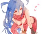  3838383 bad_id bad_pixiv_id bent_over bikini_top blue_hair breasts disgaea disgaea_d2 fingerless_gloves gloves hands_on_own_knees hanging_breasts heart laharl laharl-chan leaning_forward long_hair medium_breasts midriff pointy_ears red_eyes scarf simple_background solo white_background 