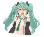  1girl blush breasts bust eyes_closed green_hair h_(158cm) hatsune_miku headset necktie nipples open_clothes open_mouth sexually_suggestive solo translated twintails upper_body vocaloid 