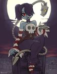  bare_shoulders blue_hair blue_skin breasts detached_sleeves dress hair_over_one_eye jason_robinson leviathan_(skullgirls) medium_breasts red_eyes side_ponytail skull skullgirls smile squigly_(skullgirls) stitched_mouth stitches zombie 