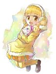  bad_id bad_pixiv_id blonde_hair bow candy_(smile_precure!) coat creature dress earmuffs hairband kise_yayoi open_mouth pantyhose pink_bow precure short_hair smile smile_precure! unichiri white_hairband winter_clothes yellow_eyes yellow_legwear 