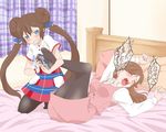  2girls bed black_legwear blue_eyes blush brown_hair clerk_(pokemon) double_bun feet foot_tickling gizen_yasan grin hands_on_feet laughing long_hair lying mei_(pokemon) multiple_girls nintendo no_shoes npc npc_trainer on_back open_mouth pantyhose pokemon pokemon_(game) pokemon_bw2 pokewood restrained smile soles tickle_torture tickling toes twintails very_long_hair yuri 