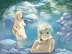  2girls bathing blonde_hair breasts female green_eyes highres long_hair looking_at_viewer multiple_girls navel nipples nude outdoors shared_bathing silver_hair sky smile standing tebakan water wet yellow_eyes 