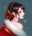  1girl bare_shoulders black_hair blue_background brown_eyes christmas closed_mouth commentary_request from_side fur_trim gold hair_ribbon heart highres lips looking_at_viewer nose original portrait profile red_lips rena_illusion ribbon santa_costume short_hair simple_background solo sparkle 