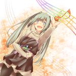  aqua_eyes arm_up dress green_hair hatsune_miku highres long_hair musical_note open_mouth pantyhose solo til_(tilpim) twintails vocaloid 