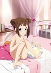  1girl absurdres aqua_eyes barefoot bed blush brown_hair double_bun feet green_eyes highres idolmaster legs looking_at_viewer nude nude_filter open_mouth photoshop pussy short_hair soles solo stuffed_animal stuffed_toy takatsuki_kasumi toes uncensored 