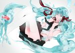  aqua_eyes aqua_hair bad_id bad_pixiv_id bottle_miku fish hair_ribbon hatsune_miku kurisu_takumi liquid_hair long_hair midriff ribbon school_uniform serafuku skirt solo thighhighs twintails very_long_hair vocaloid water white_legwear 