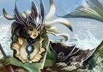  artist_name breasts center_opening character_name helmet jewelry large_breasts league_of_legends lips lying mermaid monster_girl nami_(league_of_legends) necklace red_eyes scales solo staff tail tienao water wet 