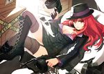  bad_id bad_pixiv_id black_legwear boots breasts bullet choker cleavage crazyzoe cross-laced_footwear crossed_legs dual_wielding explosive formal garter_straps grenade gun hat high_heels holding jacket knee_boots large_breasts league_of_legends lens_flare long_hair lying mafia_miss_fortune money nail_polish pinstripe_pattern red_eyes red_hair sarah_fortune shoes skirt skirt_suit solo striped suit thighhighs weapon 