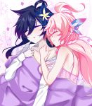  2girls bed_sheet blush clothes_down elsword flower hair_between_eyes hair_flower hair_ornament highres hug kaminarichyan laby_(elsword) long_hair multiple_girls nisha_(elsword) nisha_labyrinth_(elsword) radiant_soul_(elsword) ribbon sleeping yuri 