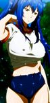  1girl absurdres arm_up blue_hair blurry blush breasts brown_eyes buruma depth_of_field erect_nipples female gym_uniform hair_between_eyes hair_intakes head_tilt highres huge_breasts light_smile long_hair long_image looking_at_viewer maken-ki! midriff nijou_aki no_bra outdoors screencap shade shiny shiny_hair shiny_skin smile solo sparkle standing stitched sweat tall_image thigh_gap tree twintails 