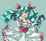  2013 alternate_eye_color alternate_hair_color aqua_eyes aqua_hair arcana_heart arcana_heart_2 bare_shoulders breasts dated dress drill_hair dual_wielding earrings elbow_gloves gloves gun hair_ribbon handgun holding jewelry junkpuyo large_breasts long_hair necklace petra_johanna_lagerkvist ribbon simple_background solo strapless strapless_dress twin_drills weapon 