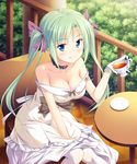  blue_eyes breasts cleavage cup dress green_hair hair_ribbon jewelry long_hair medium_breasts original ribbon sitting smile solo tea twintails yuurei_yashiki 