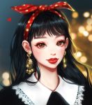  1girl bangs black_hair blurry blurry_background brown_eyes christmas closed_mouth commentary_request earrings eyelashes gold hairband heart highres jewelry long_hair looking_at_viewer original polka_dot_hairband portrait red_lips rena_illusion solo sparkling_eyes 